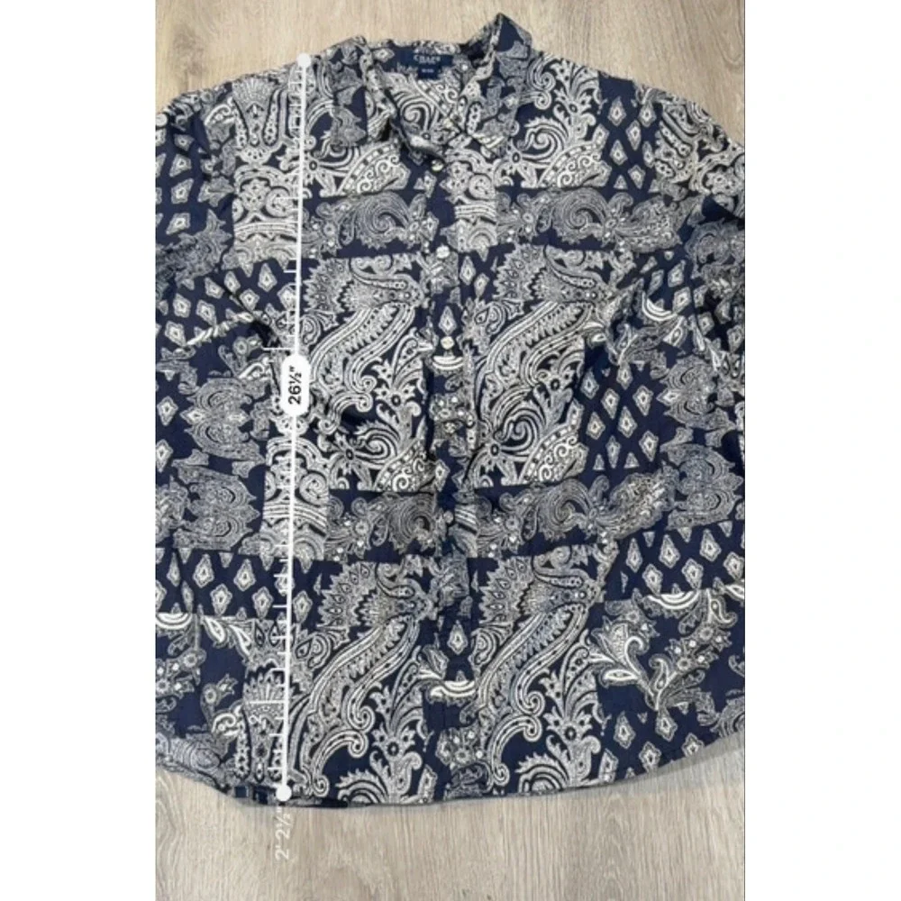 Chaps Plus Size 1X Blue & White Paisley Bandana Print Button Up Preppy Boho Chic
